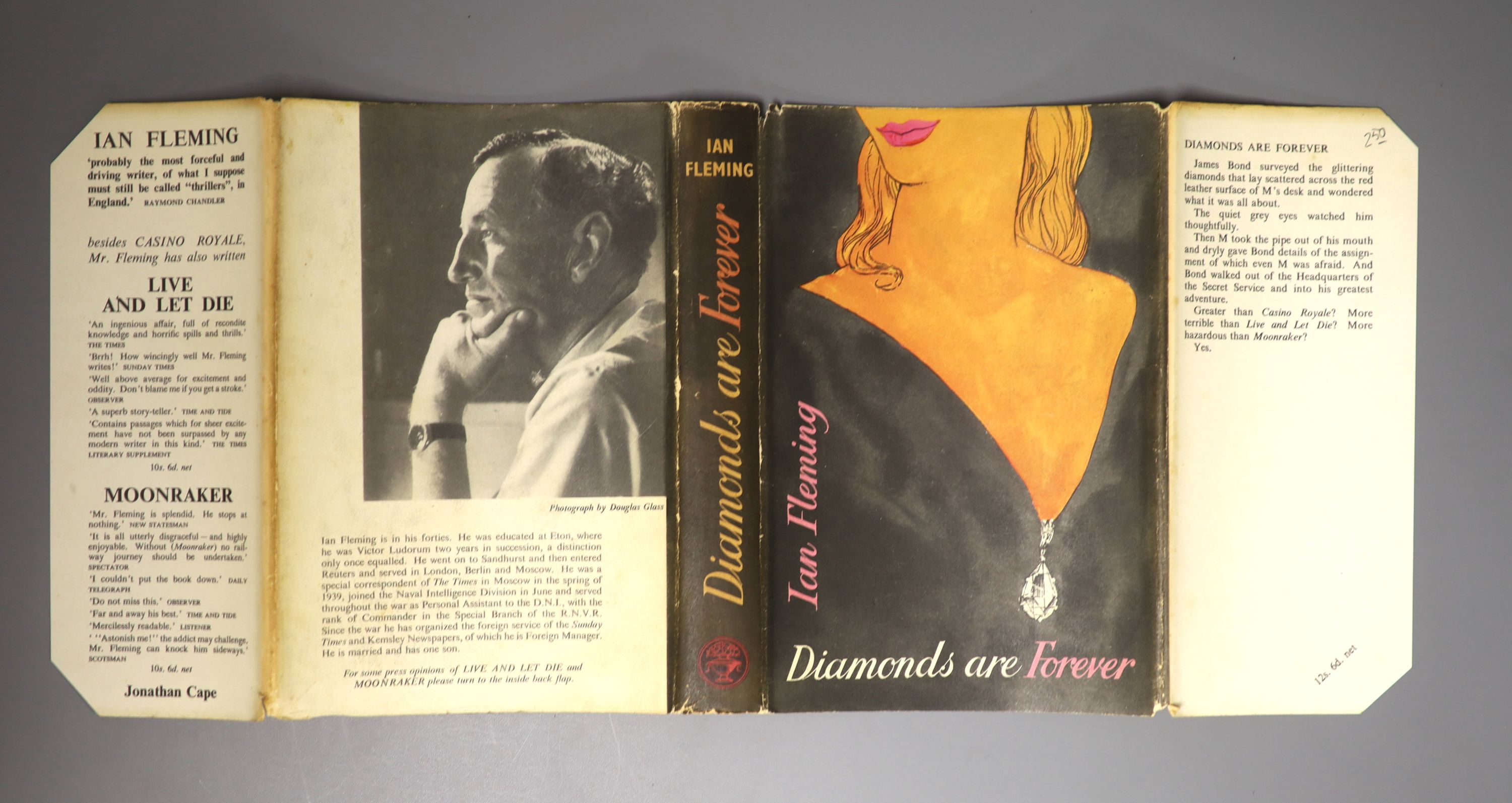 Fleming, Ian - Diamonds Are Forever, 1st edition, 1st impression, with unclipped d/j priced 12s.6d, text with ‘’Boofy’’ on p.134, original black cloth with silver lettering and diamond device to cover, American library s